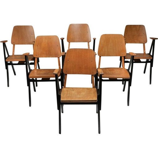 Ensemble de 6 fauteuils vintage en contreplaqué et bois ébonisé par Ermeloo Zwager, Pays-Bas 1950