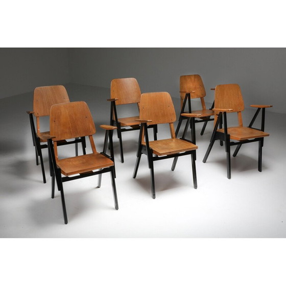 Image 1 of Ensemble de 6 fauteuils vintage en contreplaqué et bois ébonisé par Ermeloo Zwager, Pays-Bas 1950