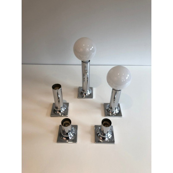 Image 1 of Suite d'appliques vintage en chrome et opaline blanche, 1970