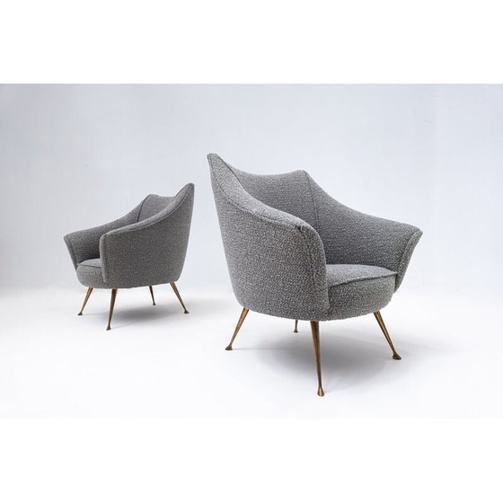 Image 1 of Paire de fauteuils du milieu du siècle en tapisserie grise et pieds en laiton, Italie années 1950