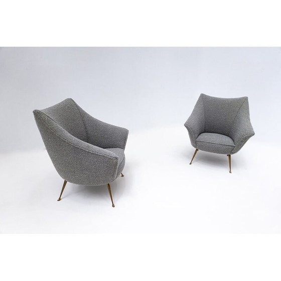 Image 1 of Paire de fauteuils du milieu du siècle en tapisserie grise et pieds en laiton, Italie années 1950