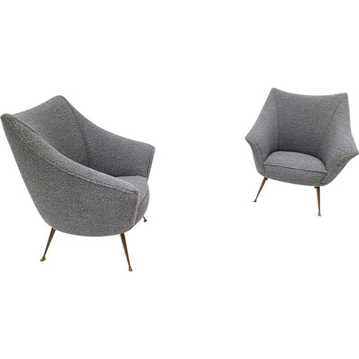 Paire de fauteuils du milieu du siècle en tapisserie grise et pieds en laiton, Italie années 1950