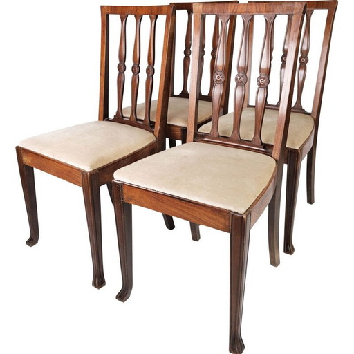 Ensemble de 4 chaises de salle à manger vintage en bois de rose et tapissées de tissu clair, années 1920