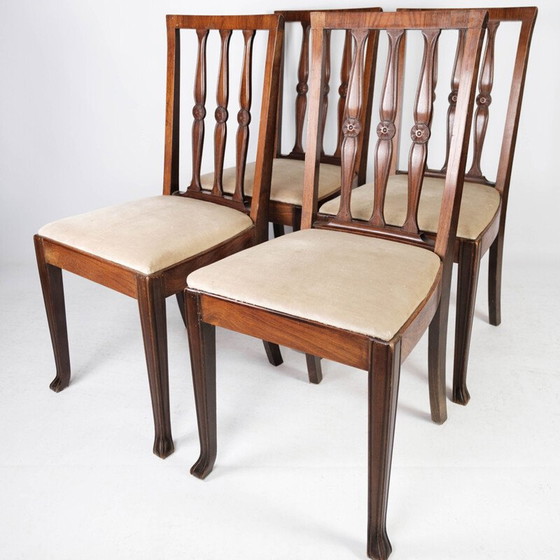 Image 1 of Ensemble de 4 chaises de salle à manger vintage en bois de rose et tapissées de tissu clair, années 1920