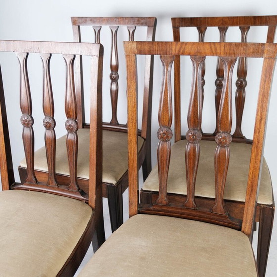Image 1 of Ensemble de 4 chaises de salle à manger vintage en bois de rose et tapissées de tissu clair, années 1920