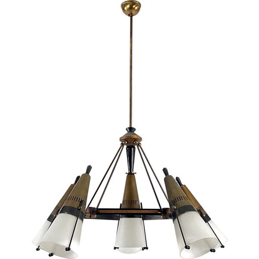 Lustre spoutnik vintage en bois, métal laqué, laiton et verre opalin par Stilnovo, Italie années 1950