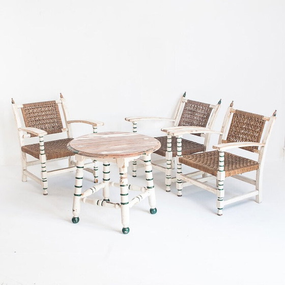 Ensemble de 3 fauteuils vintage en bois et corde tressée avec une table assortie, Espagne 1960 – Wood (photo 8 of 14)