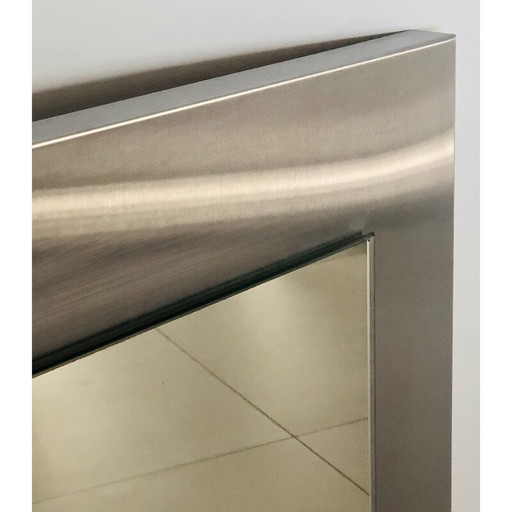 Miroir carré vintage sur base en acier inoxydable, France 1970