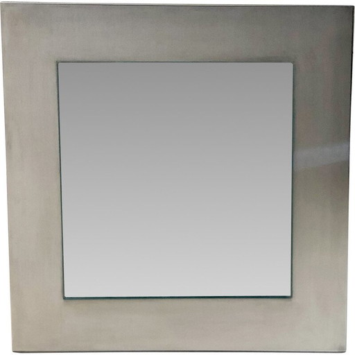 Miroir carré vintage sur base en acier inoxydable, France 1970