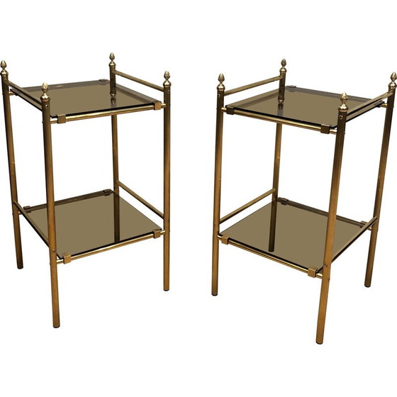 Image 1 of Paire de bouts de canapé vintage en laiton et verre fumé, 1940