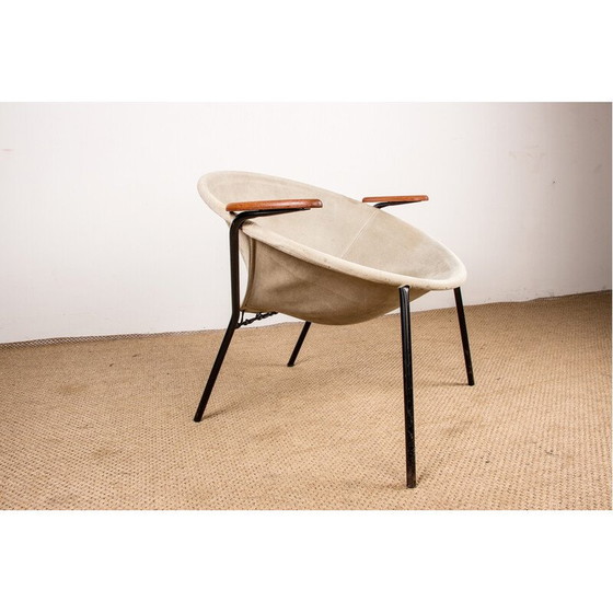 Image 1 of Fauteuil vintage danois en cuir, acier et teck modèle Balloon par Hans Olsen, 1960