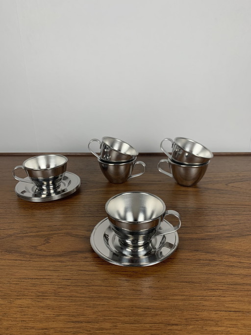 Ensemble de 6 tasses à café en acier inoxydable / soucoupes Npb Italie, 1980