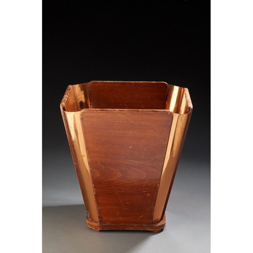 Corbeille à papier vintage en bois et cuivre, 1930