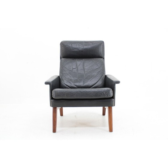 Image 1 of Fauteuil vintage à haut dossier en cuir et teck, Danemark 1970