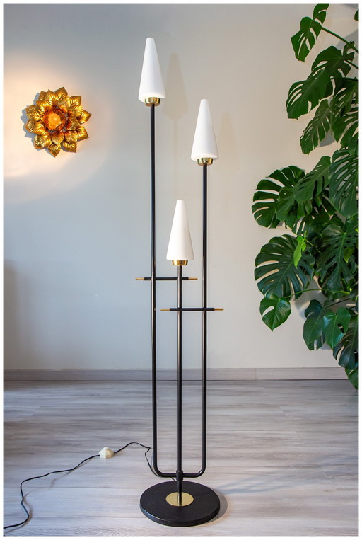 Lampadaire 3 Feux, Laiton Et Opaline, Édition Arlus 1950