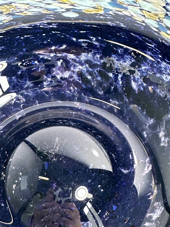 Image 1 of Vintage Vase de Bohème Coupe de fruits 1980 Swirl Verre Bleu Lourd Cz Space Age Sputnik Galaxy