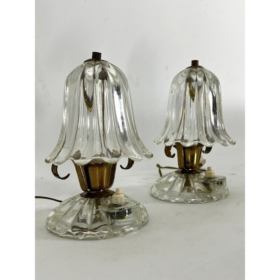 Image 1 of Paire de lampes de table vintage en verre de Murano et laiton par Ercole Barovier, 1940