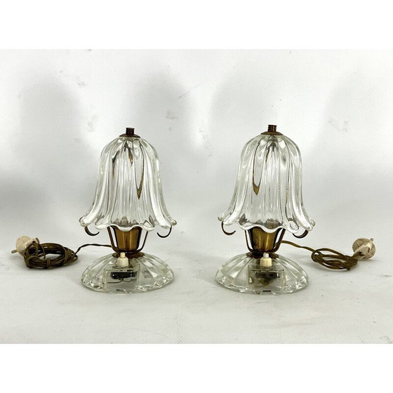 Image 1 of Paire de lampes de table vintage en verre de Murano et laiton par Ercole Barovier, 1940