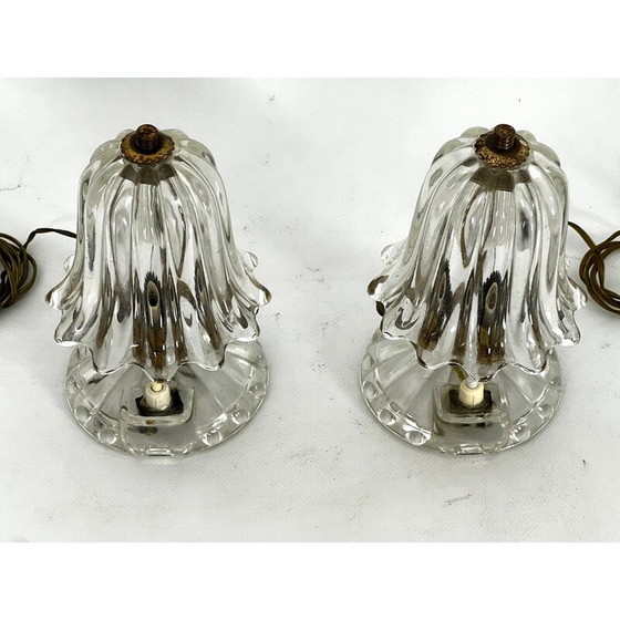 Image 1 of Paire de lampes de table vintage en verre de Murano et laiton par Ercole Barovier, 1940