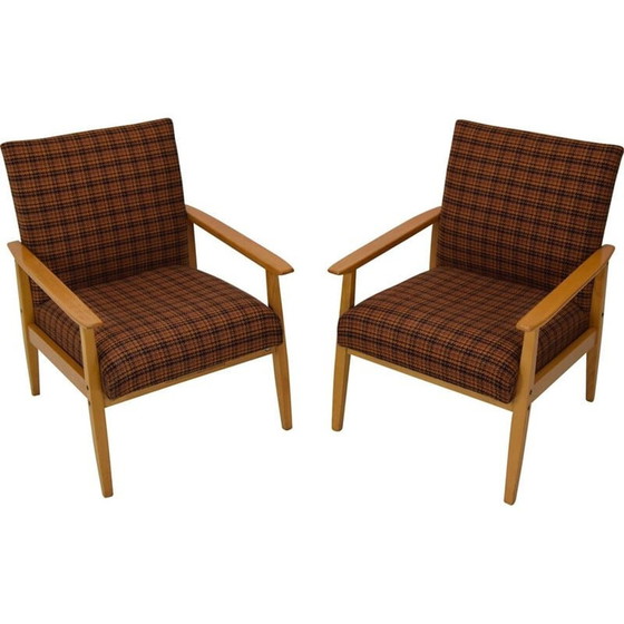 Image 1 of Paire de fauteuils "ton" vintage en bois et tissu, Tchécoslovaquie 1975