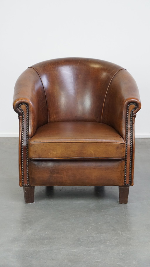 Fauteuil club en cuir de mouton avec coussin d'assise fixe