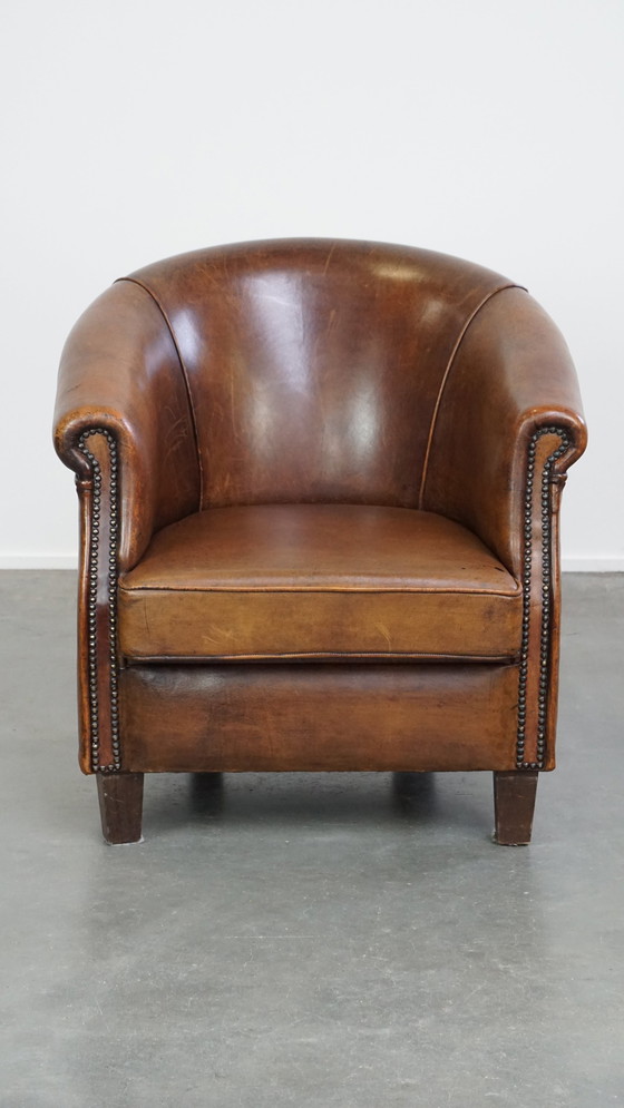 Image 1 of Fauteuil club en cuir de mouton avec coussin d'assise fixe