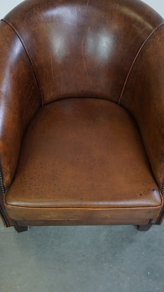 Image 1 of Fauteuil club en cuir de mouton avec coussin d'assise fixe