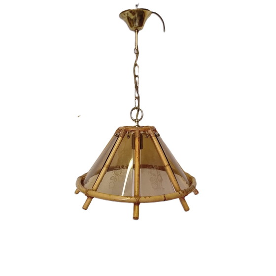 Image 1 of Lampe pendante vintage en bambou avec verre décoratif des années 1970