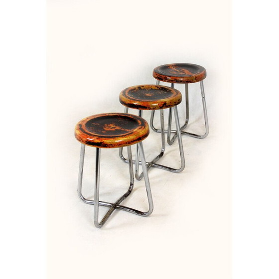 Image 1 of Ensemble de 3 tabourets Bauhaus en acier tubulaire chromé par Robert Slezak, Tchécoslovaquie, années 1930