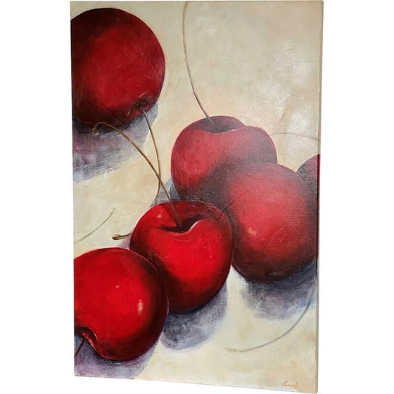 Image 1 of Peinture vintage "Nature morte aux cerises" par Fiona O'Farrell