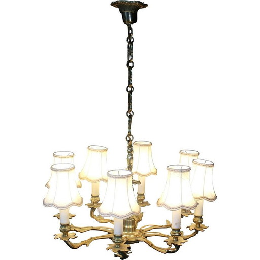 Lustre vintage en laiton et tissu blanc, 1950