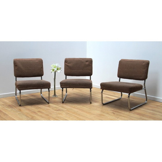 Image 1 of Ensemble de 3 fauteuils vintage en métal chromé et laine, 1950