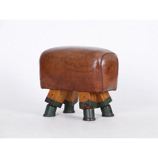 Gymnastique Vintage Tabouret en cuir tchèque Cheval d'arçons, années 1930