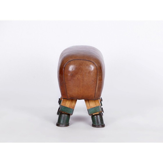 Image 1 of Gymnastique Vintage Tabouret en cuir tchèque Cheval d'arçons, années 1930