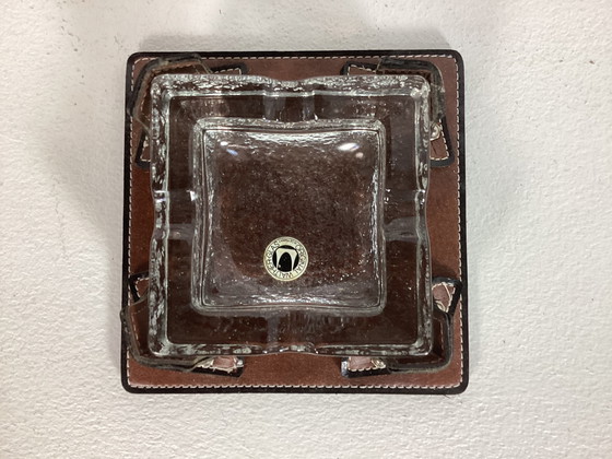 Image 1 of Vintage Seventies Ashtray Glass In Leather Goldpfeil Complete In Box