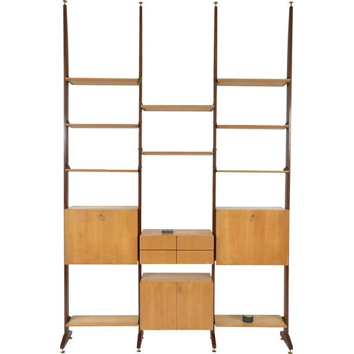 Système d'étagères vintage en teck et laiton, Italie années 1950