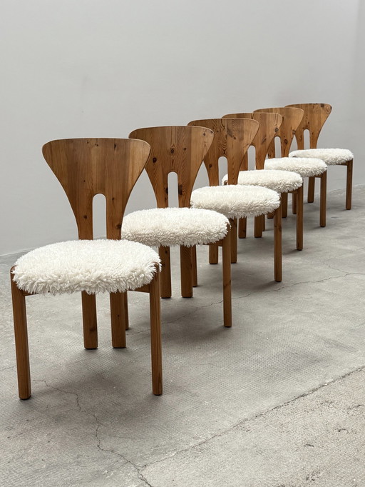 Salle à manger Ensemble table ronde & 6 chaises en pin aspect mouton Style Rainer Daumiller, Danemark 1970s