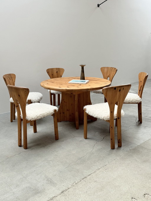 Salle à manger Ensemble table ronde & 6 chaises en pin aspect mouton Style Rainer Daumiller, Danemark 1970s