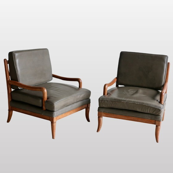 Image 1 of Paire de fauteuils vintage en cuir et chêne, 1950