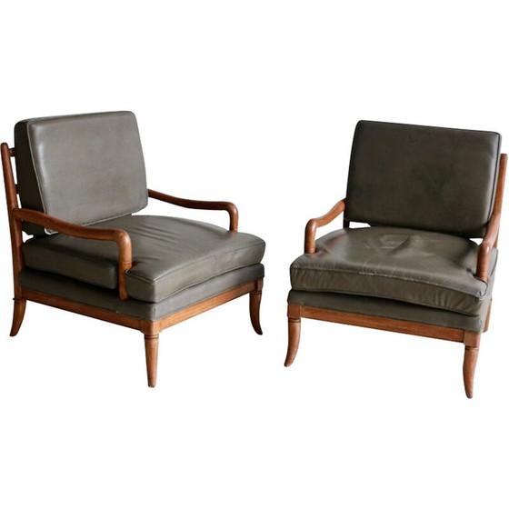 Image 1 of Paire de fauteuils vintage en cuir et chêne, 1950