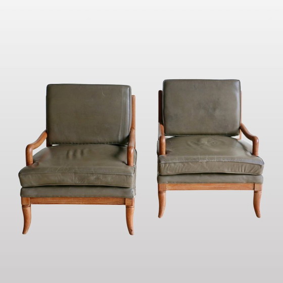Image 1 of Paire de fauteuils vintage en cuir et chêne, 1950