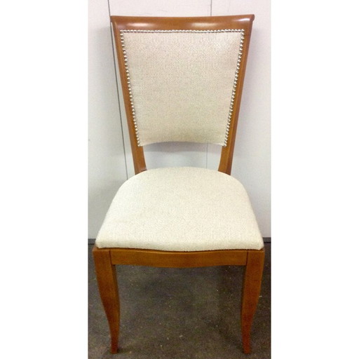 Ensemble de 6 chaises de salle à manger françaises en noyer et tissu - années 1930