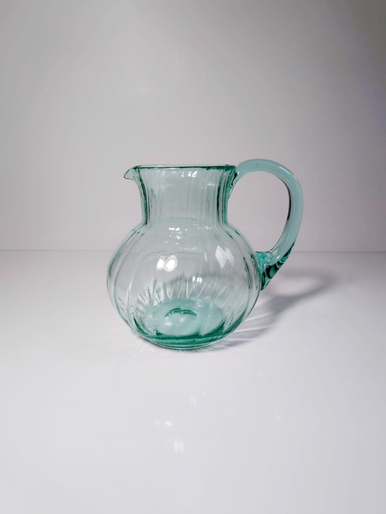 Image 1 of Vintage Carafe en verre Béryl Turquoise Mid Century Murano Swirl Décanteur Pichet verre uranium