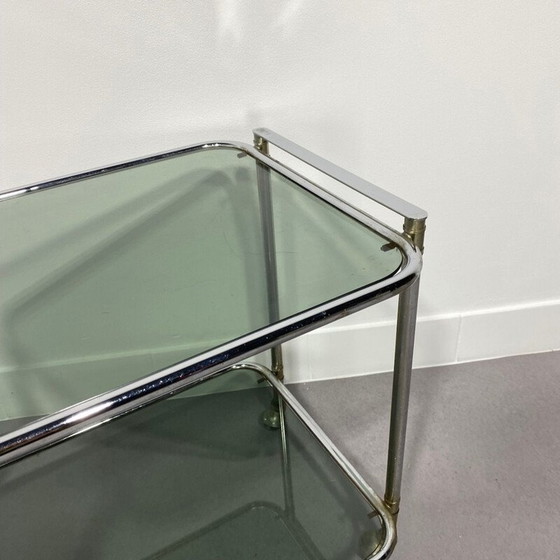 Image 1 of Chariot de bar vintage chromé avec verre fumé vert