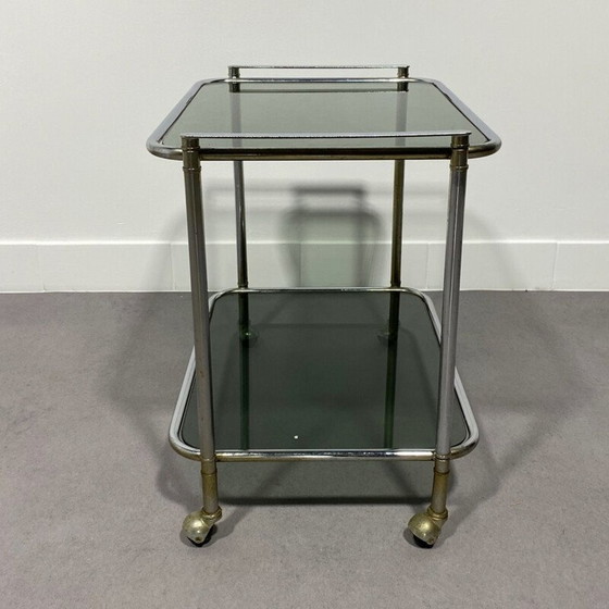 Image 1 of Chariot de bar vintage chromé avec verre fumé vert