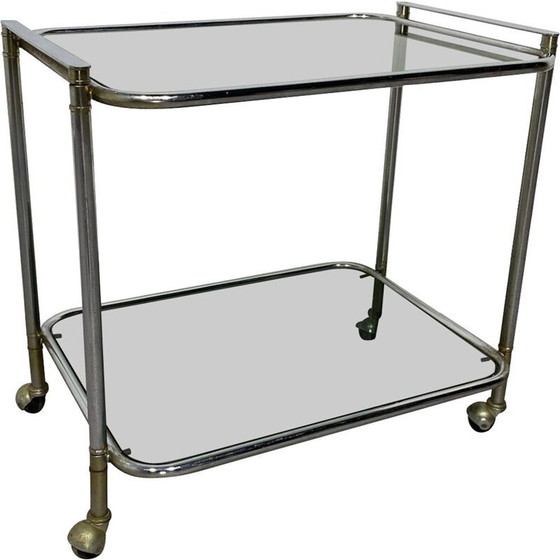 Image 1 of Chariot de bar vintage chromé avec verre fumé vert