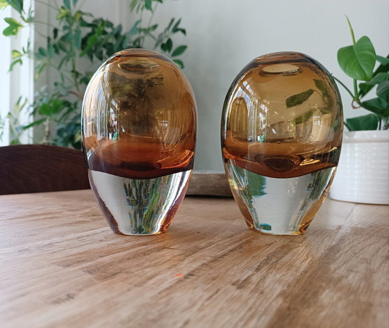 Image 1 of 2 X Mondgeblazen Glas Vazen, Cognac