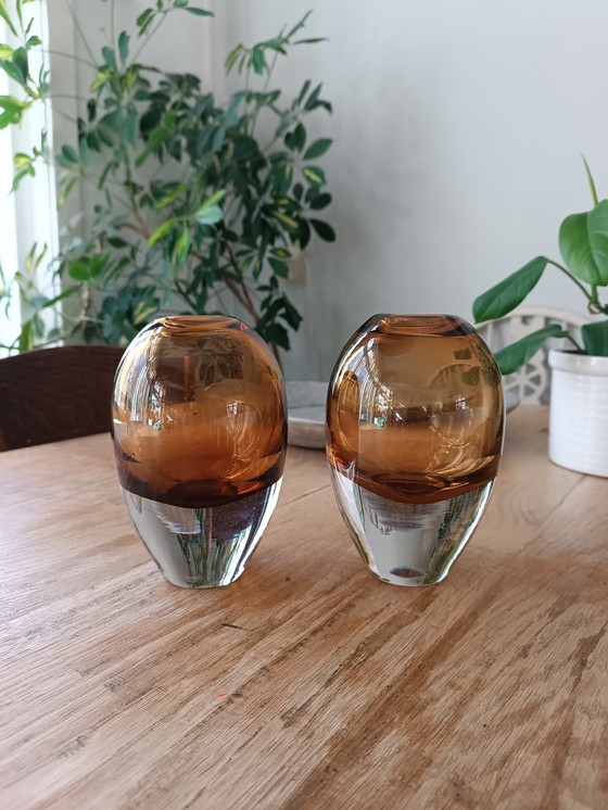 Image 1 of 2 X Mondgeblazen Glas Vazen, Cognac