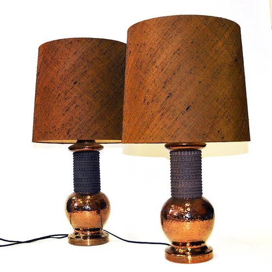Image 1 of Paire de lampes de table vintage en céramique et cuivre pour Bergboms, Italie 1960