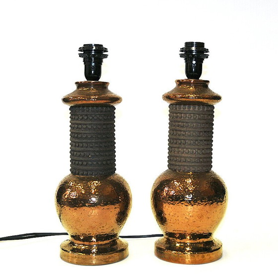 Image 1 of Paire de lampes de table vintage en céramique et cuivre pour Bergboms, Italie 1960